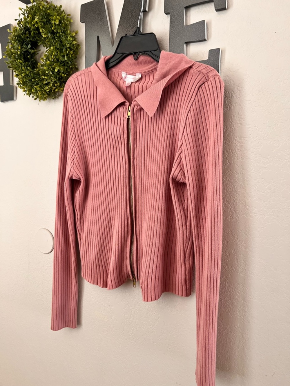 No Boundaries Pink Ribbed Zip-Up Sweater with Collar